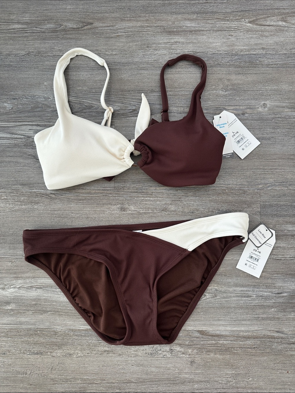 Two-Tone Brown & Cream Ring-Front Bikini Set